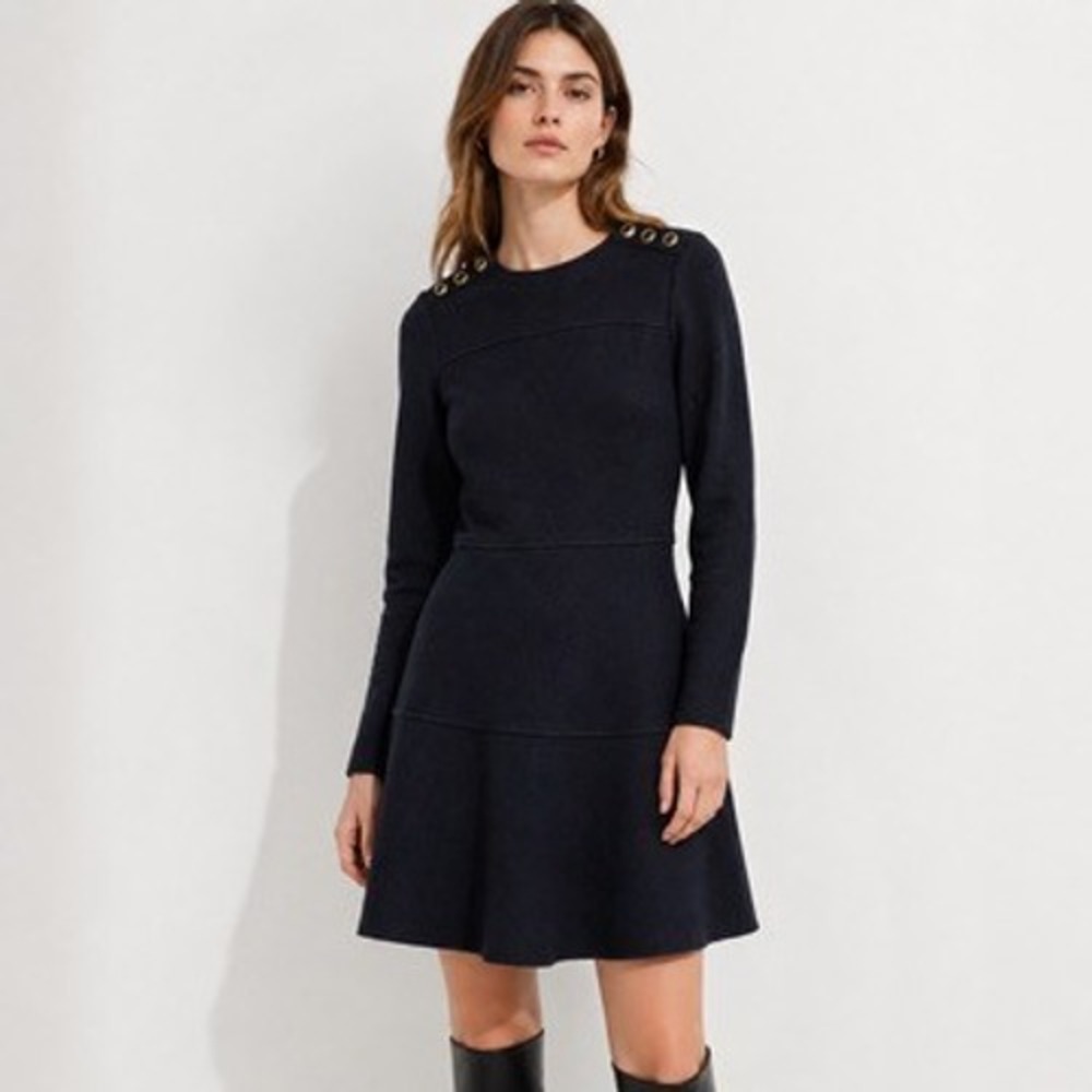Club Monaco Navy Wool Blend Fit & Flare Dress Shoulder Button Detail Size 00